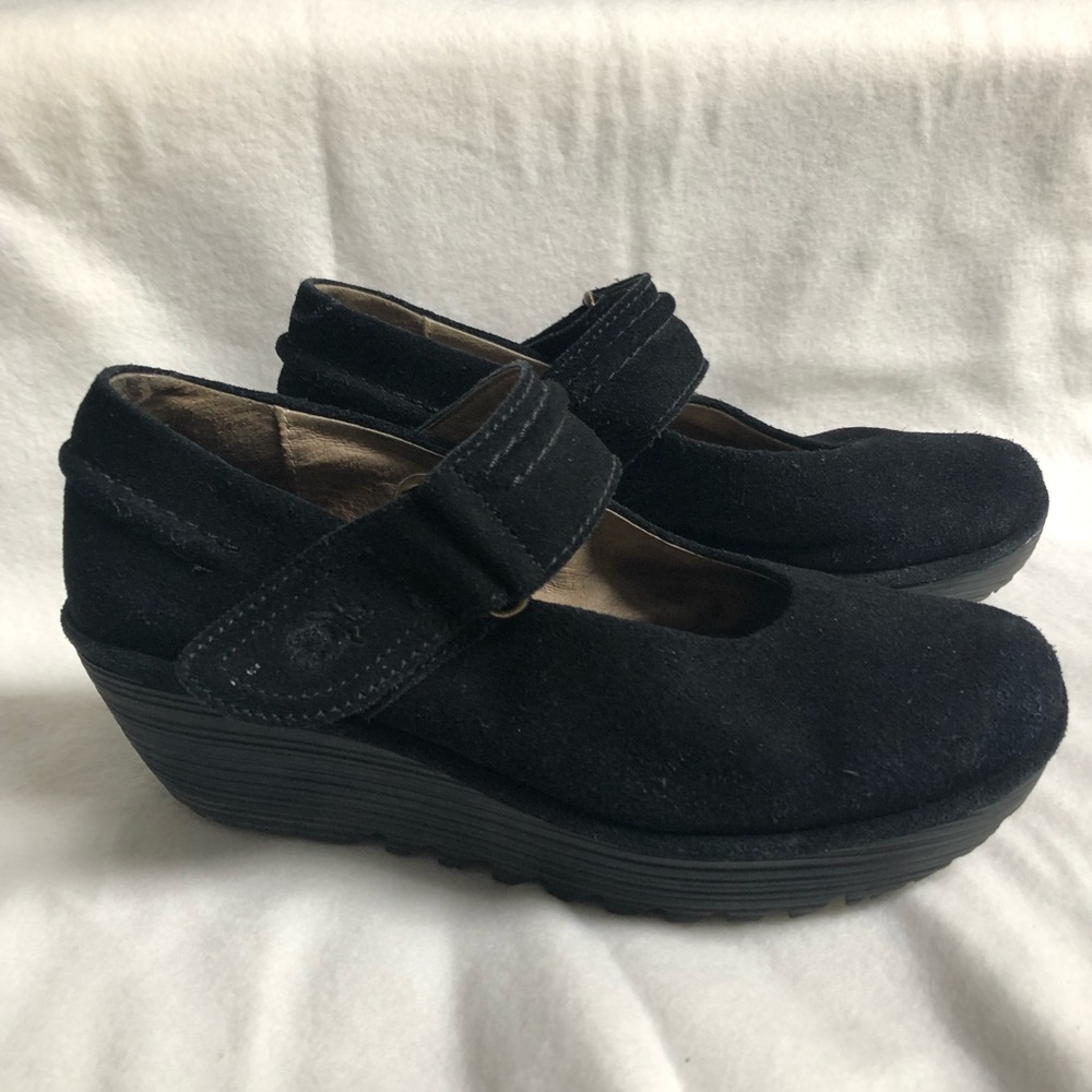 Fly London wedge Mary Janes genuine suede black